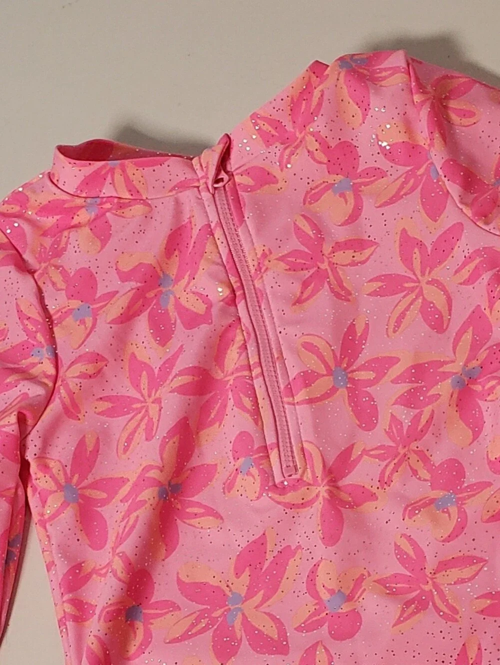 Nicole Miller Girls Swim Rash Guard Glitter Floral Print Pink Orange Rouched 6